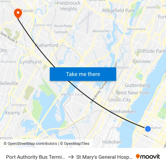 Port Authority Bus Terminal to St Mary's General Hospital map