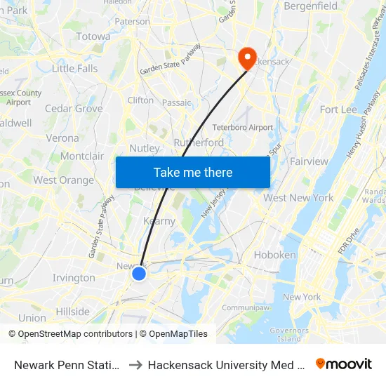 Newark Penn Station to Hackensack University Med Ctr map