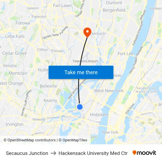 Secaucus Junction to Hackensack University Med Ctr map