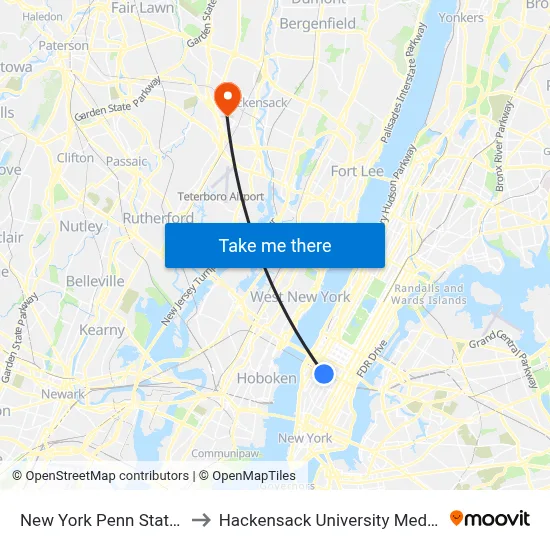 New York Penn Station to Hackensack University Med Ctr map
