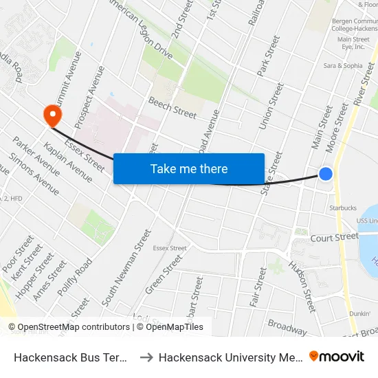 Hackensack Bus Terminal to Hackensack University Med Ctr map