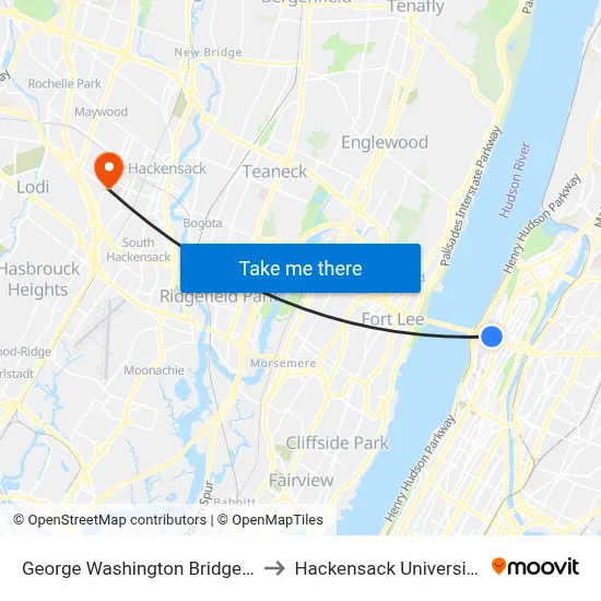 George Washington Bridge Bus Station to Hackensack University Med Ctr map