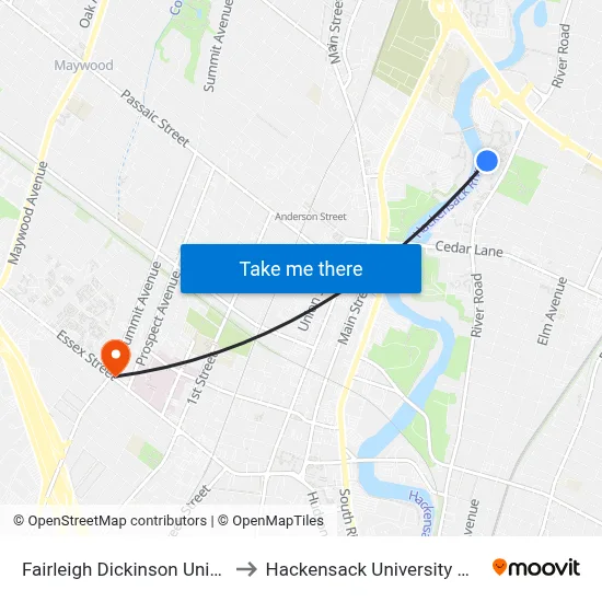 Fairleigh Dickinson University to Hackensack University Med Ctr map