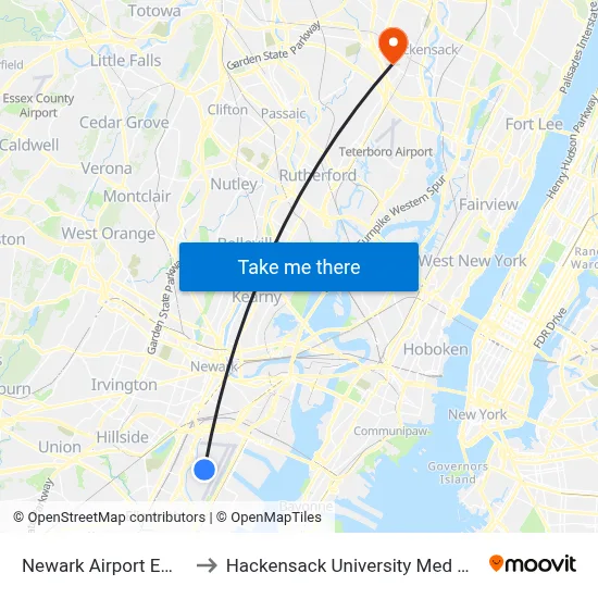 Newark Airport EWR to Hackensack University Med Ctr map