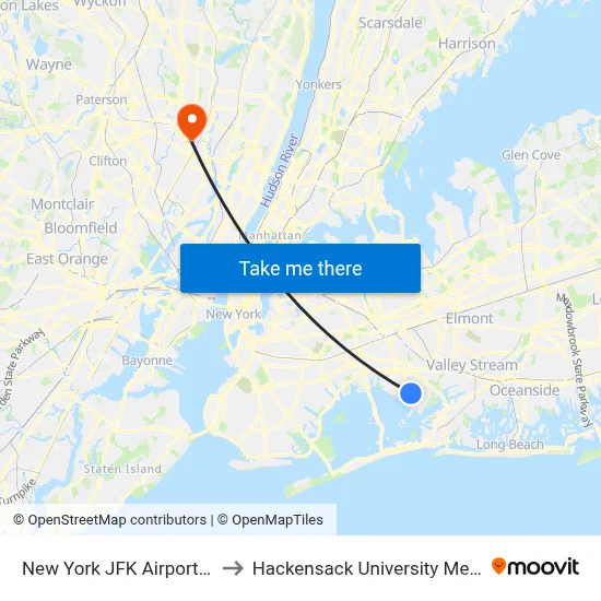 New York JFK Airport JFK to Hackensack University Med Ctr map