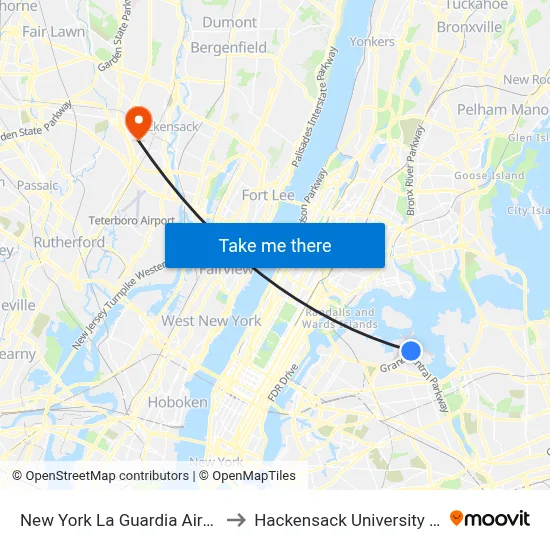New York La Guardia Airport LGA to Hackensack University Med Ctr map