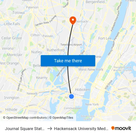 Journal Square Station to Hackensack University Med Ctr map
