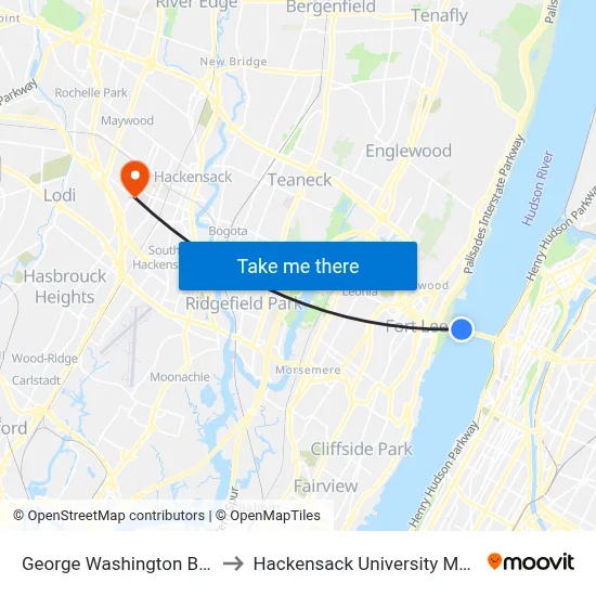 George Washington Bridge to Hackensack University Med Ctr map