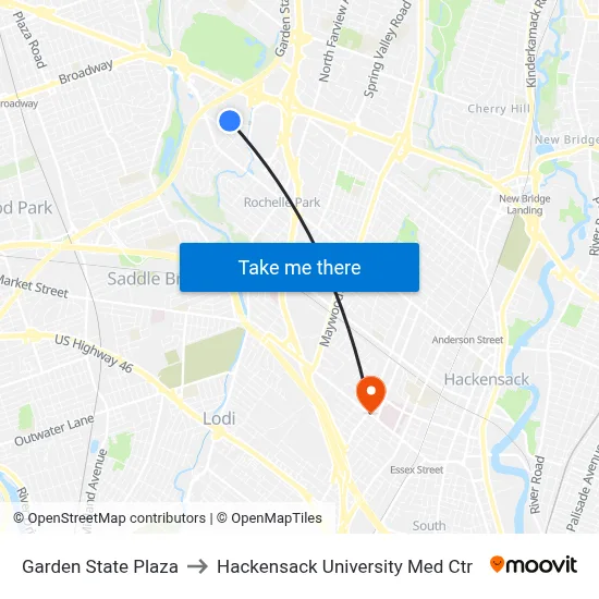 Garden State Plaza to Hackensack University Med Ctr map