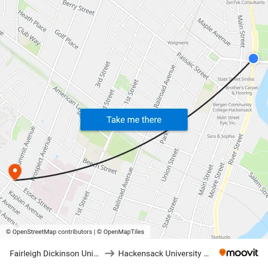 Fairleigh Dickinson University to Hackensack University Med Ctr map