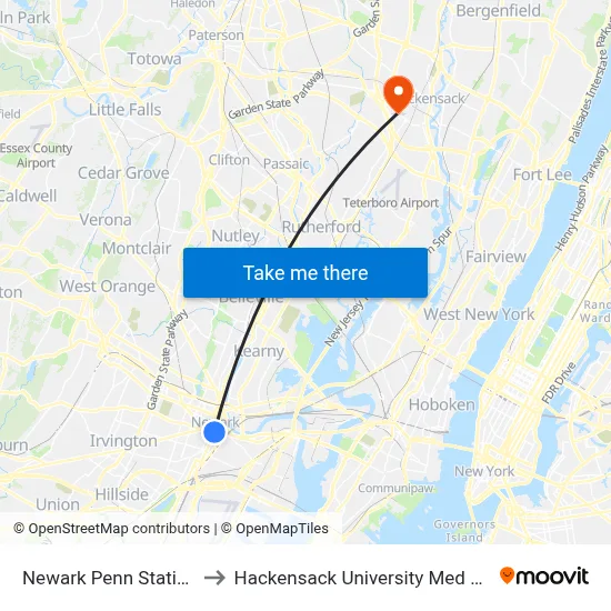Newark Penn Station to Hackensack University Med Ctr map
