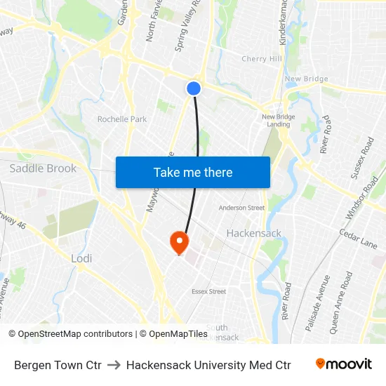 Bergen Town Ctr, Paramus, NJ 07652 to Hackensack University Med Ctr map