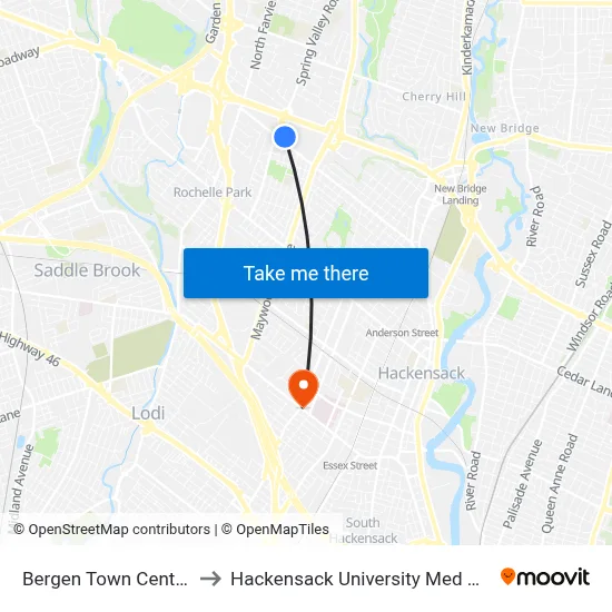 Bergen Town Center to Hackensack University Med Ctr map