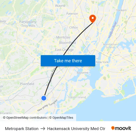 Metropark Station to Hackensack University Med Ctr map