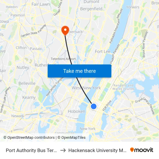 Port Authority Bus Terminal to Hackensack University Med Ctr map