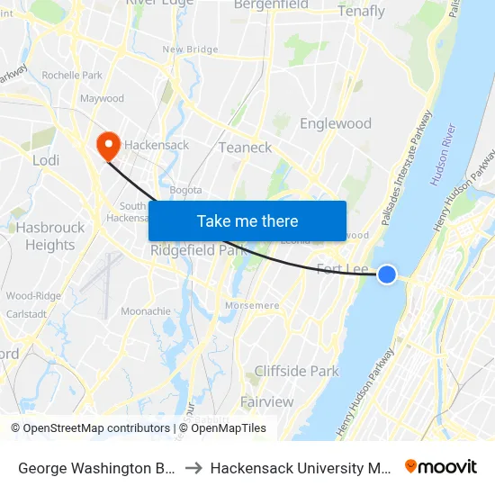 George Washington Bridge to Hackensack University Med Ctr map