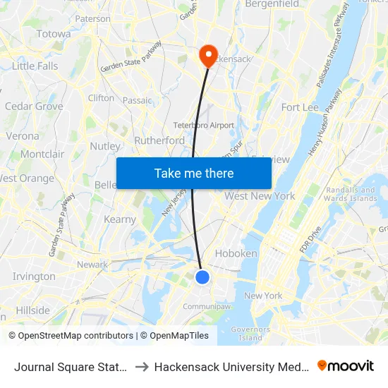 Journal Square Station to Hackensack University Med Ctr map