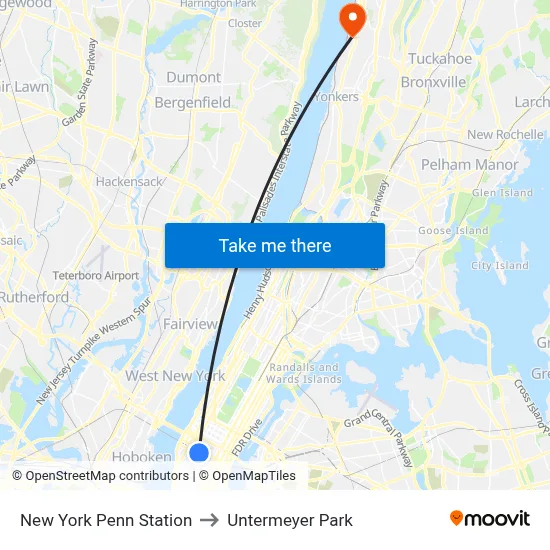 New York Penn Station to Untermeyer Park map