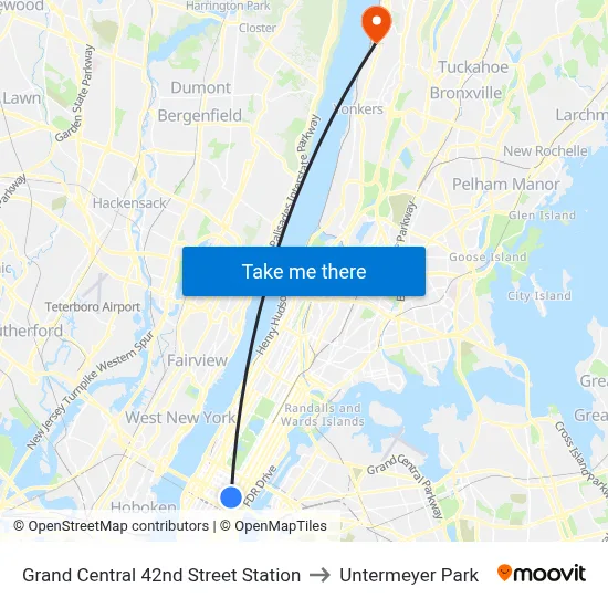 Grand Central 42nd Street Station to Untermeyer Park map
