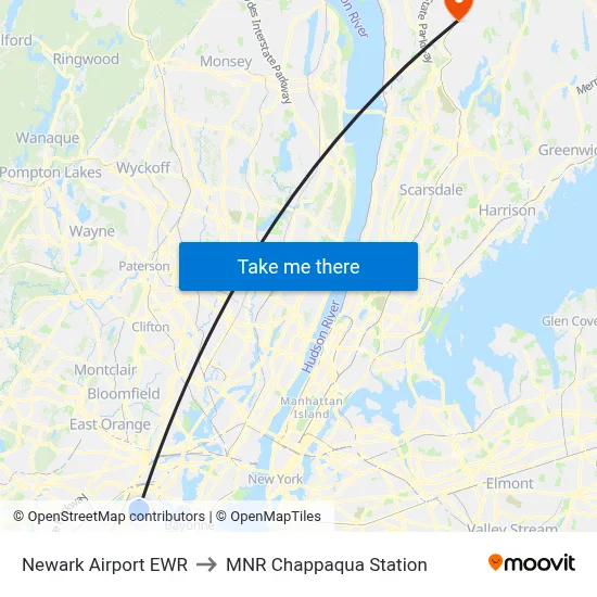 Newark Airport EWR to MNR Chappaqua Station map