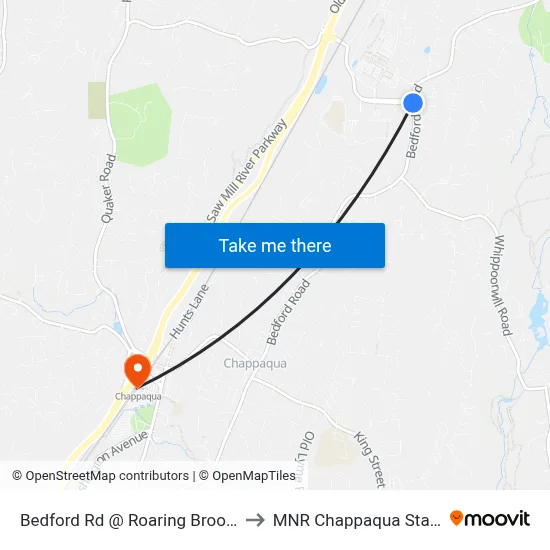 Bedford Rd @ Roaring Brook Rd to MNR Chappaqua Station map