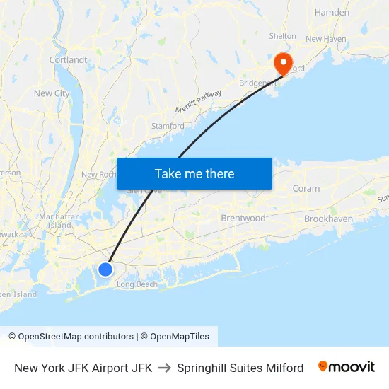 New York JFK Airport JFK to Springhill Suites Milford map