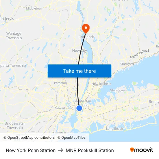 New York Penn Station to MNR Peekskill Station map