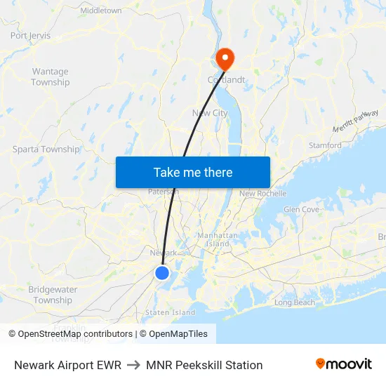 Newark Airport EWR to MNR Peekskill Station map