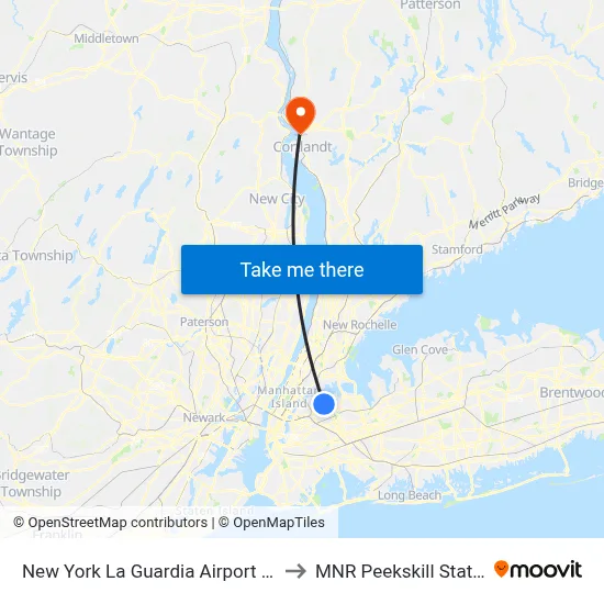 New York La Guardia Airport LGA to MNR Peekskill Station map