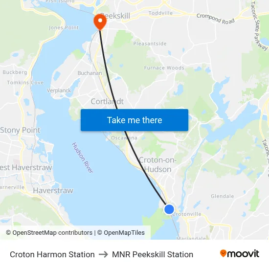 Croton Harmon Station to MNR Peekskill Station map
