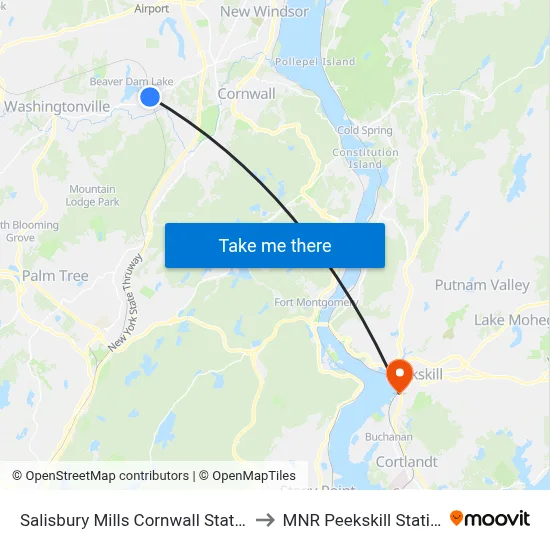 Salisbury Mills Cornwall Station to MNR Peekskill Station map