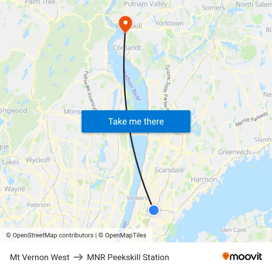 Mt Vernon West to MNR Peekskill Station map