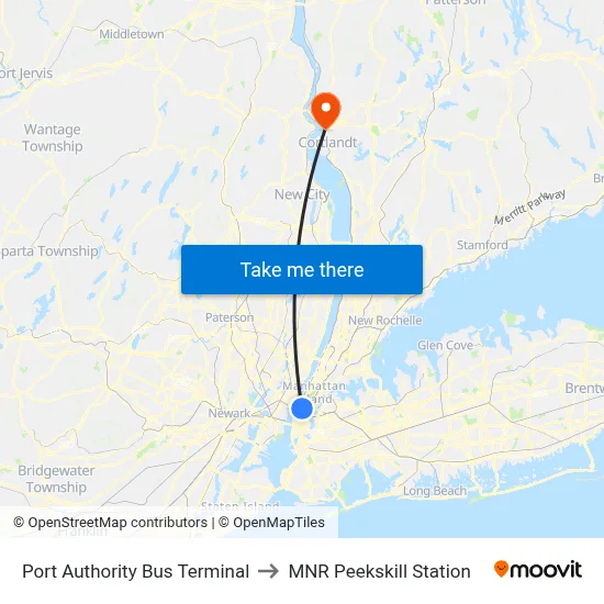 Port Authority Bus Terminal to MNR Peekskill Station map