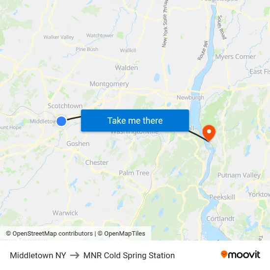 Middletown NY to MNR Cold Spring Station map
