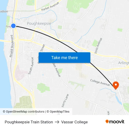 Poughkeepsie Train Station to Vassar College map