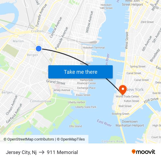 Jersey City, Nj to 911 Memorial map