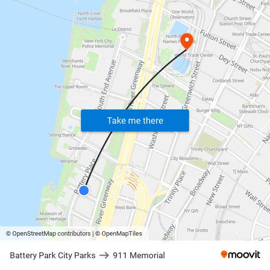 Battery Park City Parks to 911 Memorial map