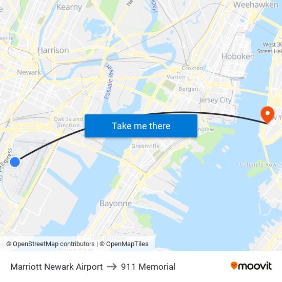 Marriott Newark Airport to 911 Memorial map