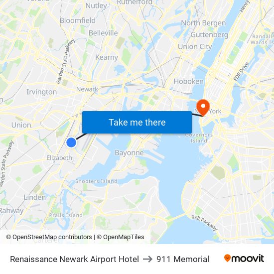 Rennaissance Newark Airport to 911 Memorial map