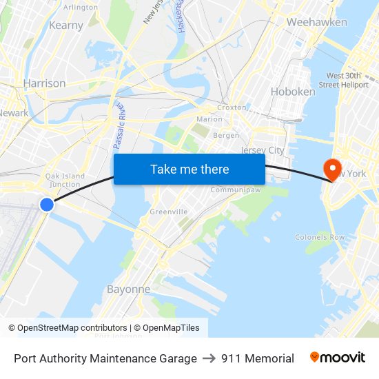 Port Authority Maintenance Garage to 911 Memorial map