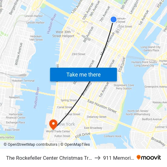 The Rockefeller Center Christmas Tree to 911 Memorial map