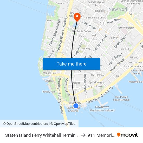 Staten Island Ferry Whitehall Terminal to 911 Memorial map