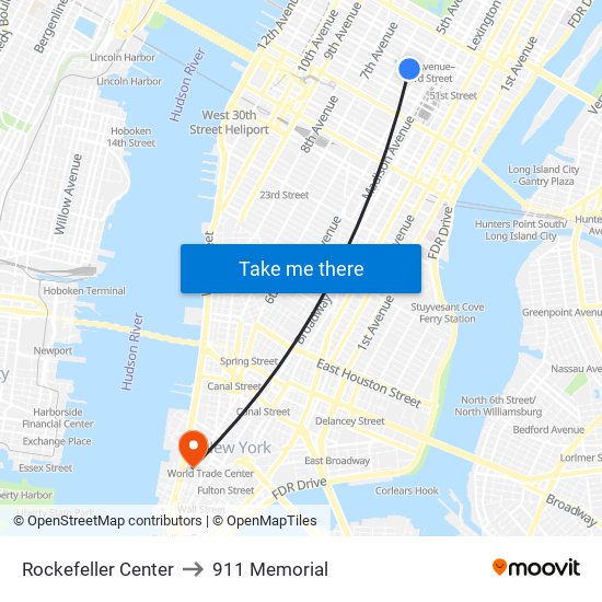 Rockefeller Center to 911 Memorial map