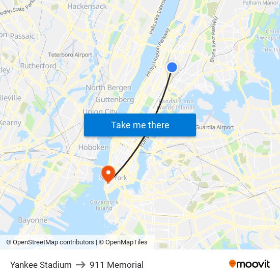 Yankee Stadium to 911 Memorial map