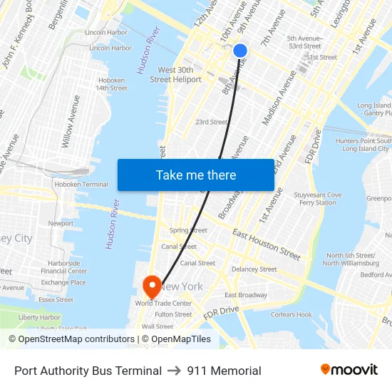 Port Authority Bus Terminal to 911 Memorial map