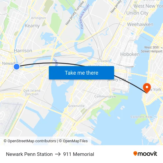 Newark Penn Station to 911 Memorial map