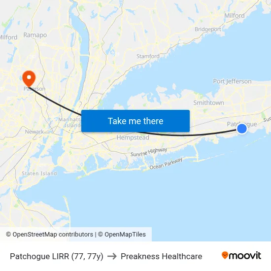 Patchogue LIRR (77, 77y) to Preakness Healthcare map