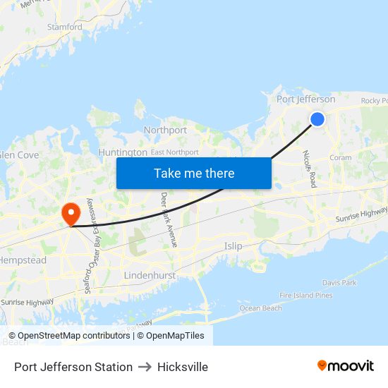 Port Jefferson Station to Hicksville map