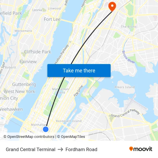 Grand Central Terminal to Fordham Road map