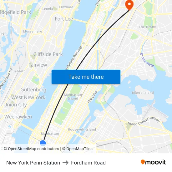 New York Penn Station to Fordham Road map